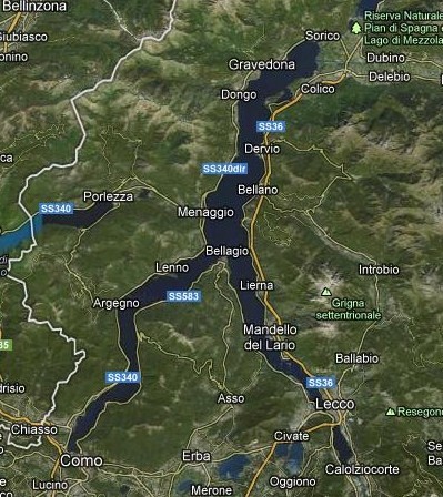 Il Lago di Como. Nel centro del Lago è Bellagio. Sulla punta del promontorio si trova il parco di Villa Serbelloni