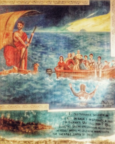 Mediterraneo, un murales che parla di migrazioni e di naufragi di ieri e di oggi.