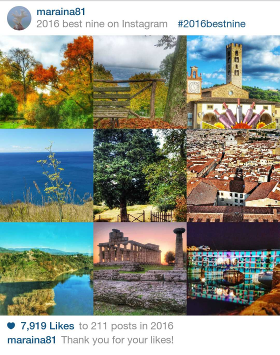 La mia #bestnine2016: nelle prime due posizioni due foto di #fallfoliage, a Firenze e a Cingoli (AN); segue la festa dell'uva alliImpruneta; il mare di Cetraro (CS); uno sguardo al bosco sulla Calvana (PO), Firenze dall'alto della Torre di Arnolfo; un panorama catturato durante un viaggio in treno; Paestum al tramonto; Ponte Vecchio durante °flightFirenze